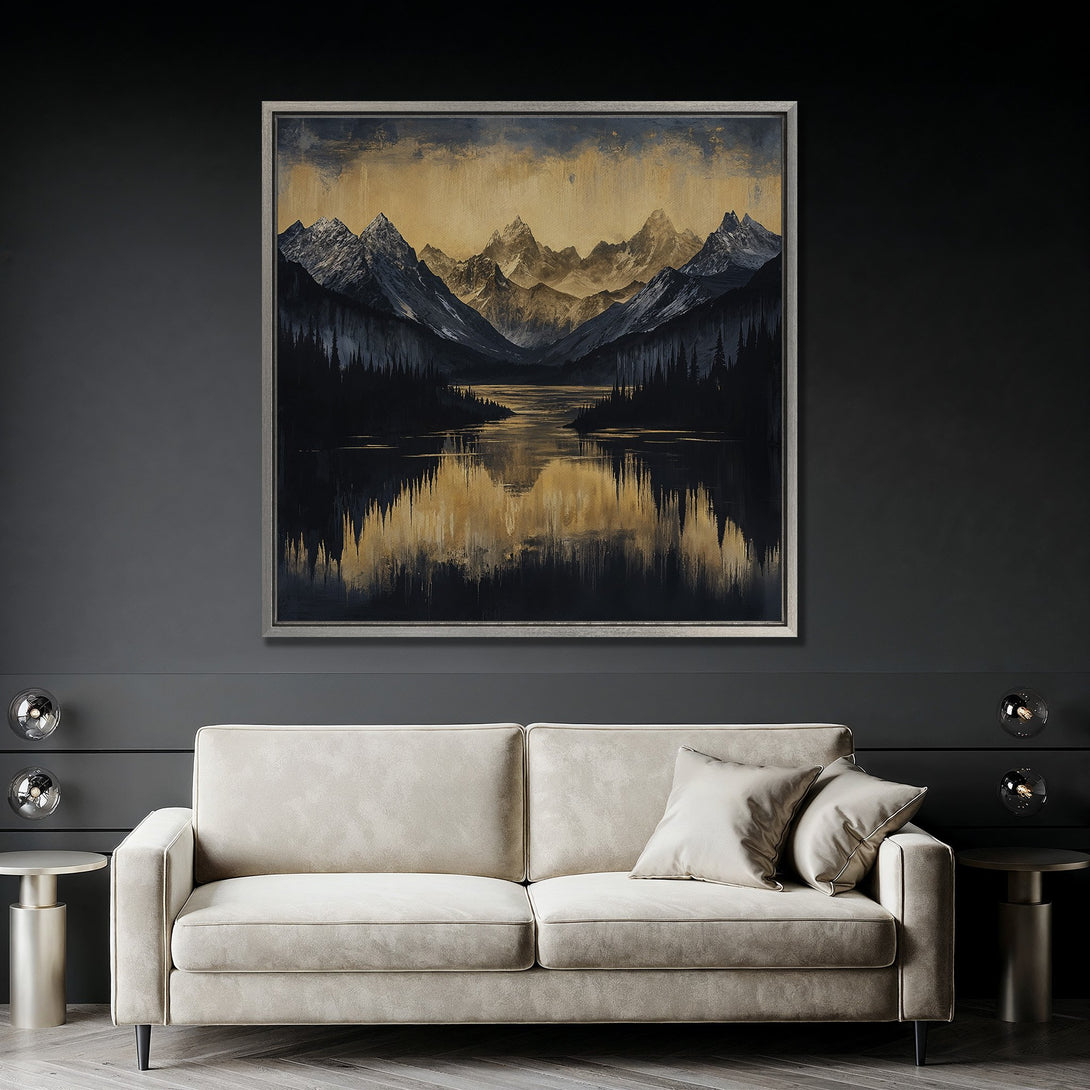 Framed Wall Art: Mountain landscape Canvas Print in black, gold, and grey tones. Modern art for living room decor.