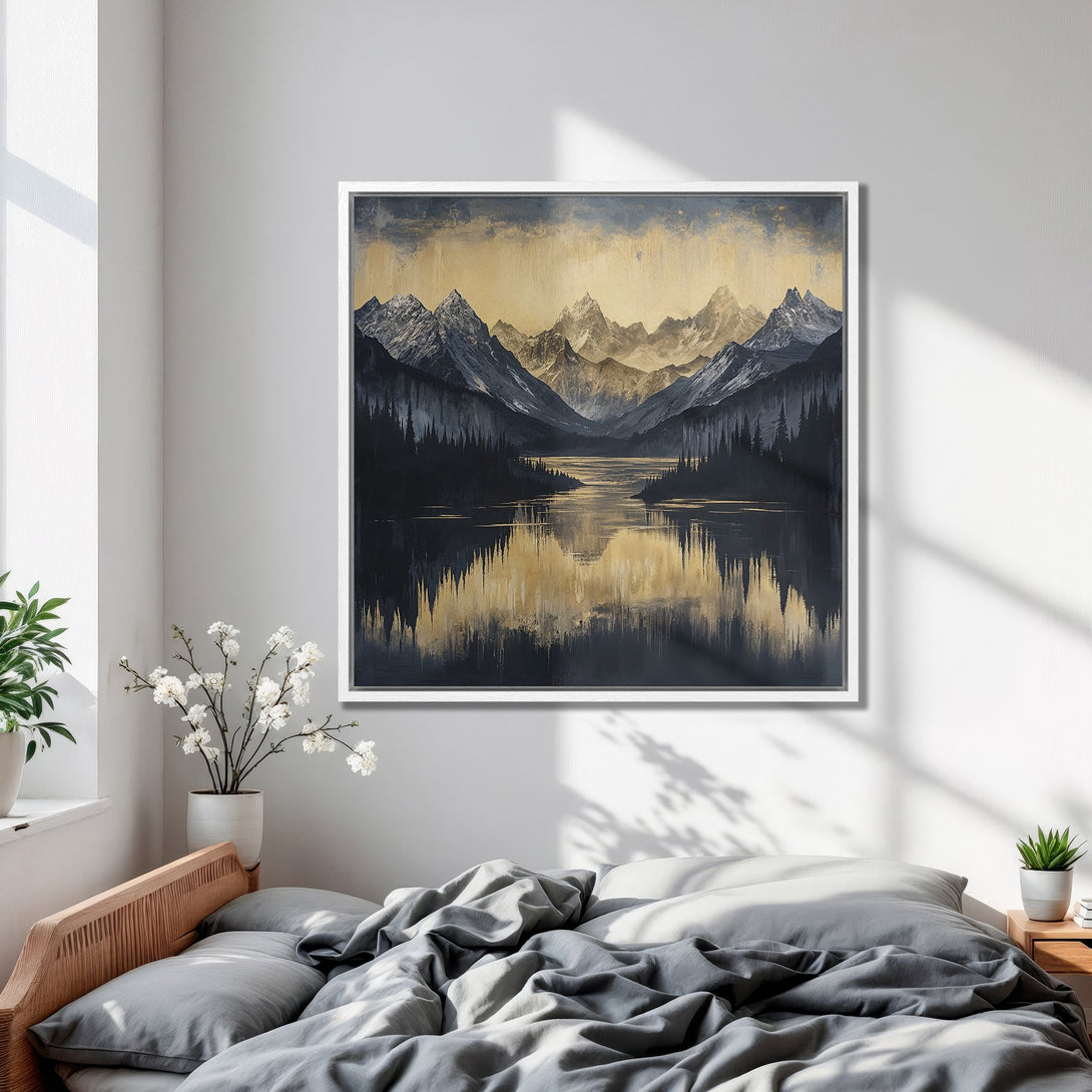 Framed Wall Art: Mountain landscape Canvas Print in a bedroom, featuring a serene lake scene with a gold and blue color palette.