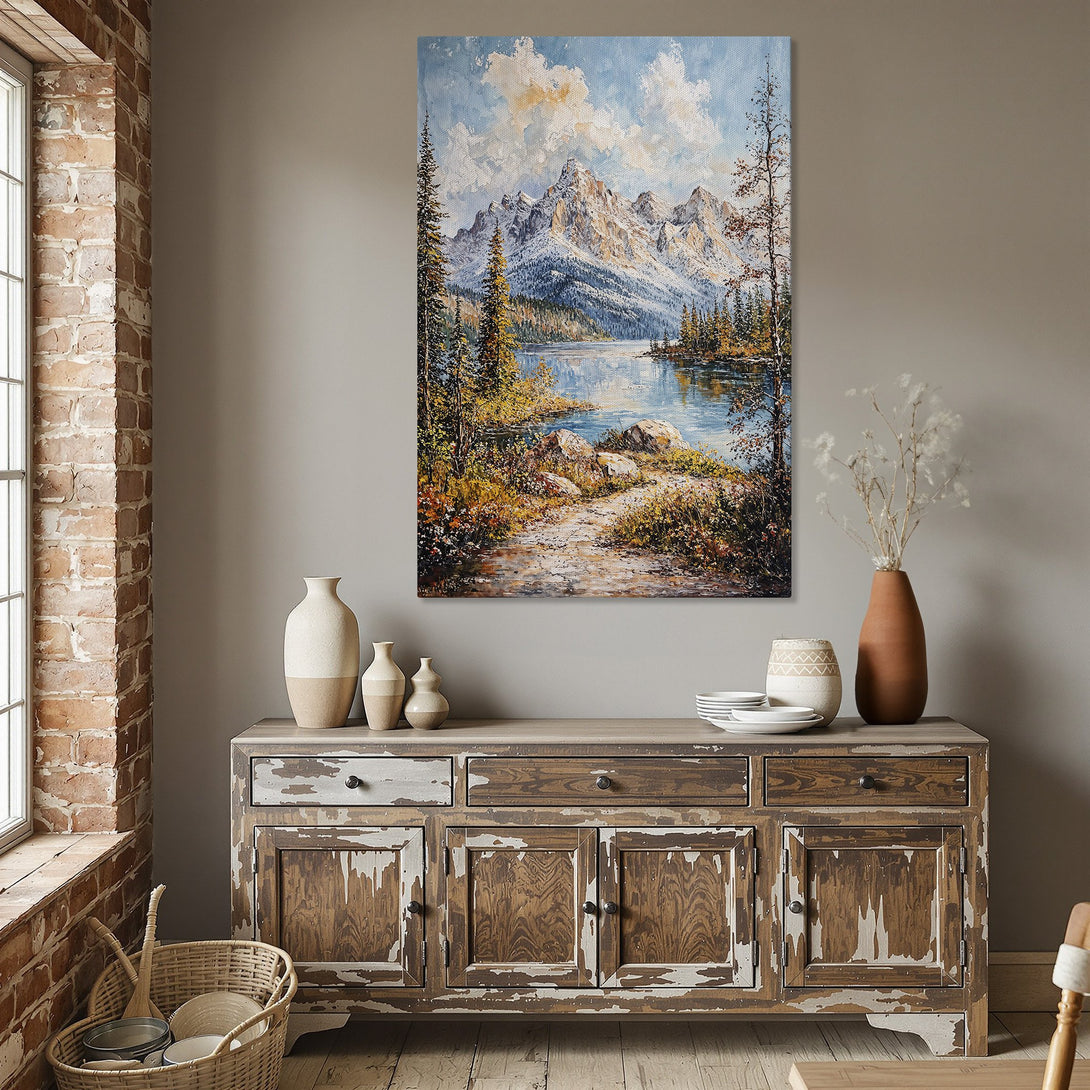Framed Wall Art: Mountain lake landscape painting with blue, green, and gold hues. Perfect for adding a touch of nature and elegance to your dining room.