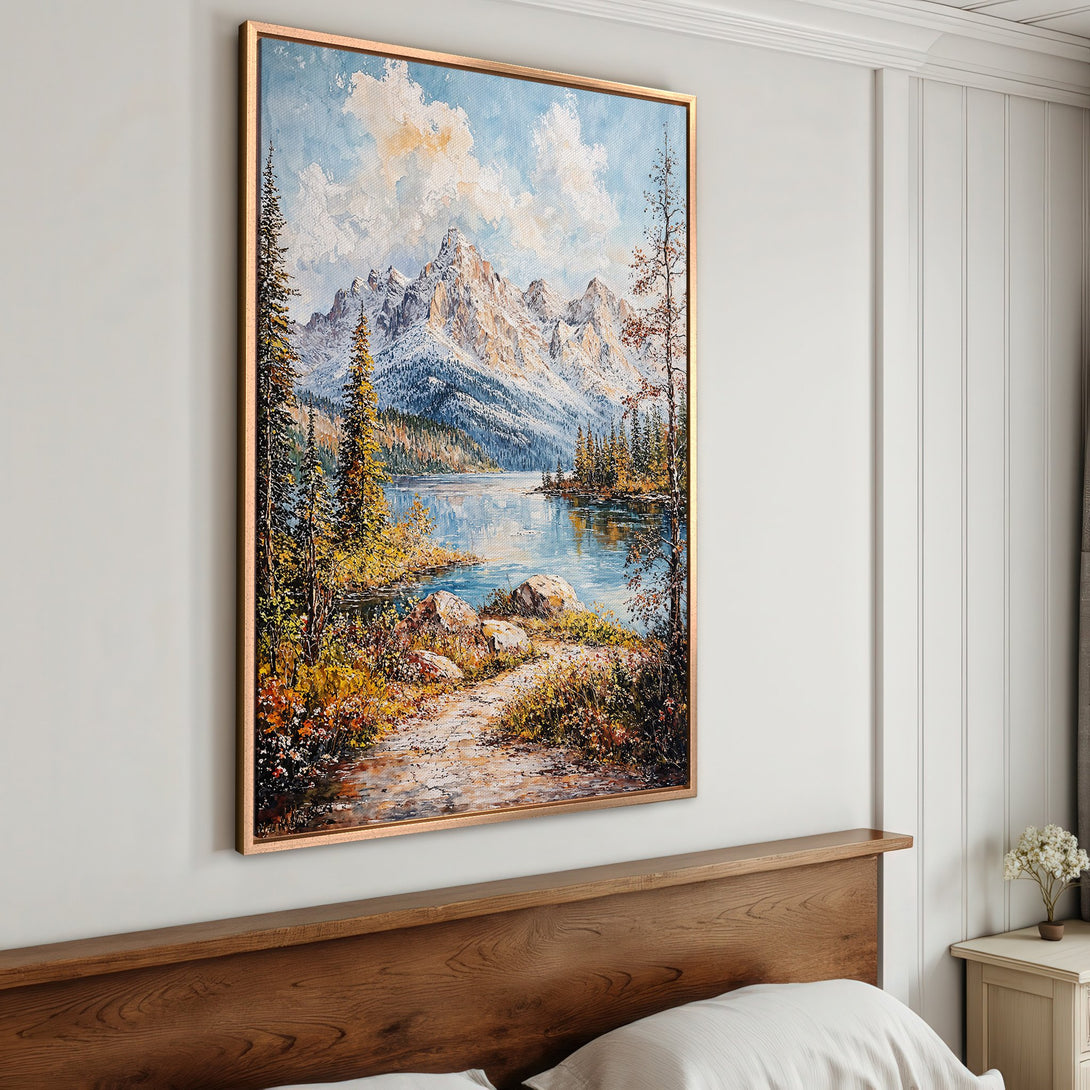 Framed Wall Art: Mountain landscape painting with blue, yellow, and green hues. Adds a touch of nature and serenity to your home decor.