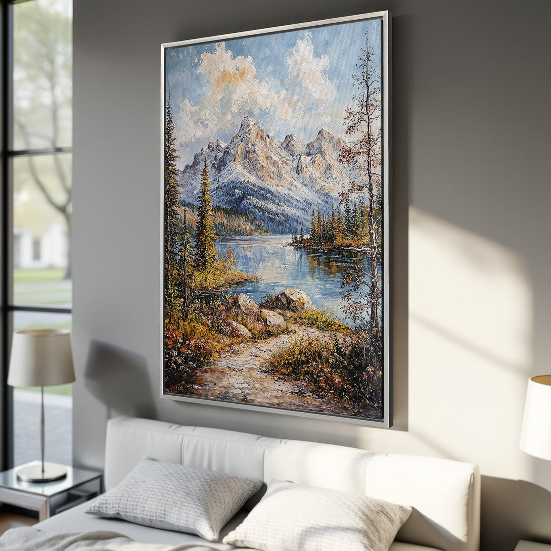 Framed Wall Art of a mountain lake landscape in a bedroom. Oil painting style with blue, green, and white color palette. Perfect for adding a serene touch.