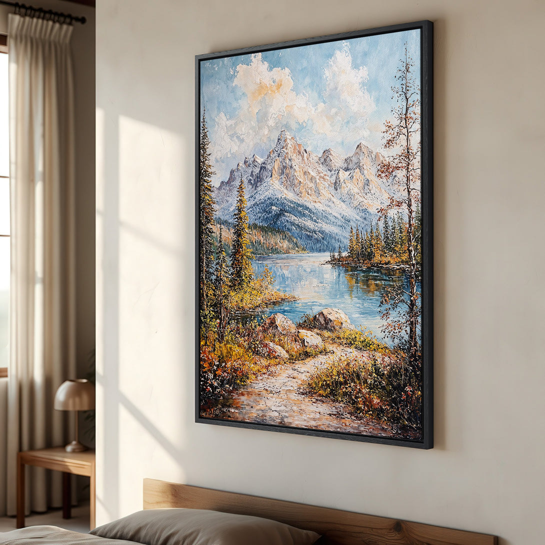 Framed Wall Art: Mountain lake landscape painting in a warm color palette. Perfect for adding a touch of nature to your home decor.
