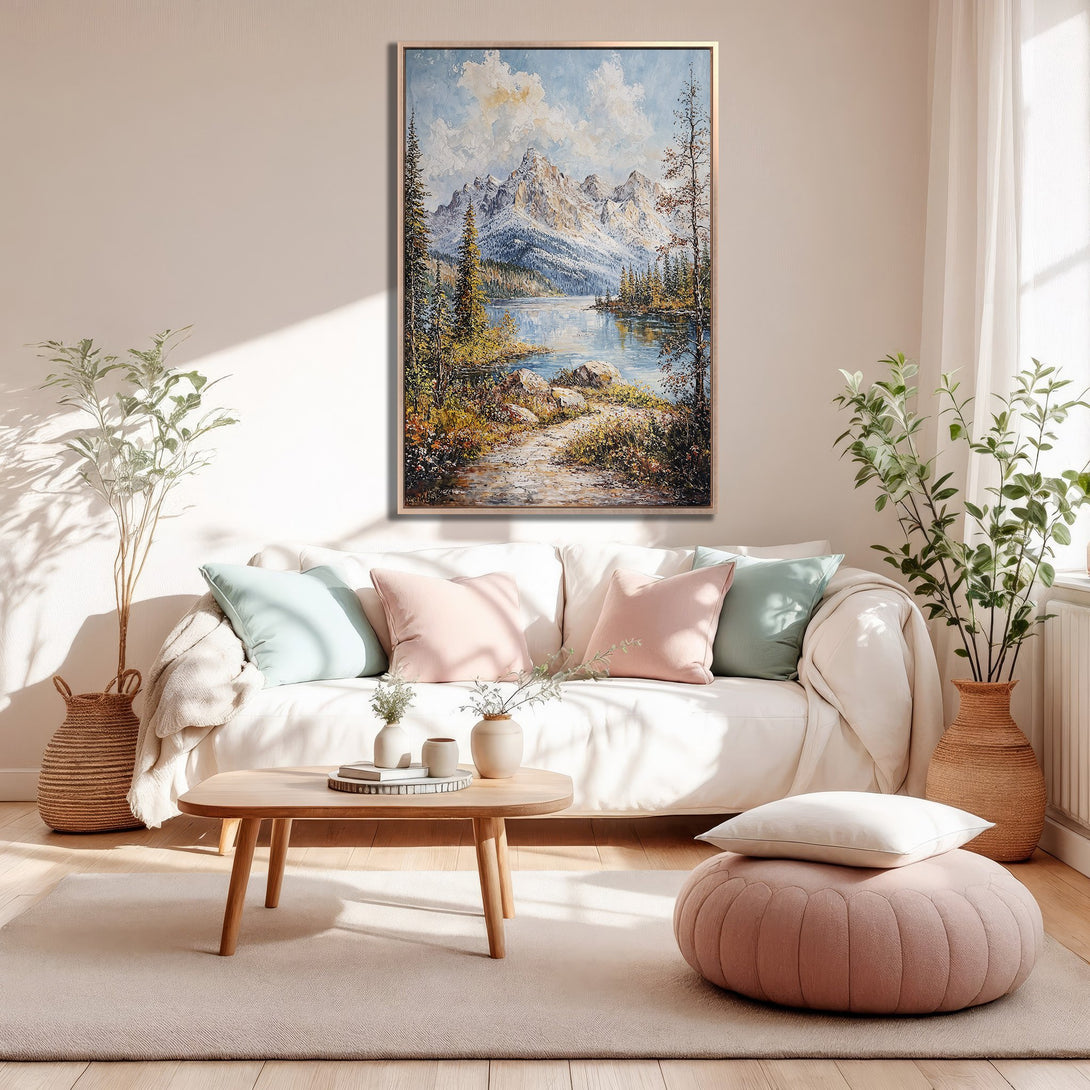 Framed Wall Art: Mountain landscape Canvas Print in a living room. Featuring a serene lake scene with a blue, green, and neutral color palette. Perfect for home decor.
