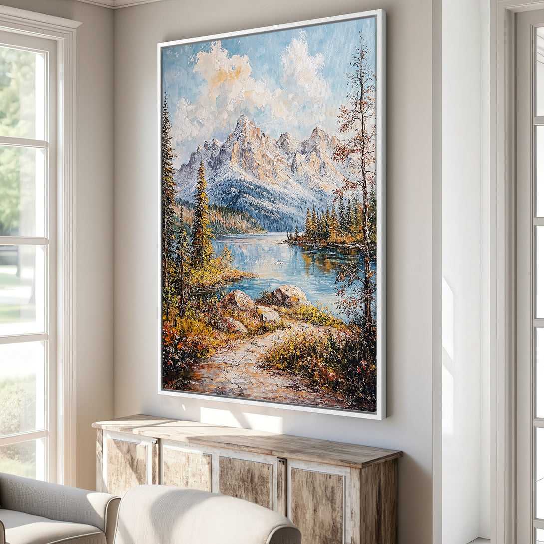 Framed Wall Art: Stunning landscape Canvas Print with mountains, lake, and trees. Warm, earthy tones with blue sky. Perfect for adding natural beauty to your home.