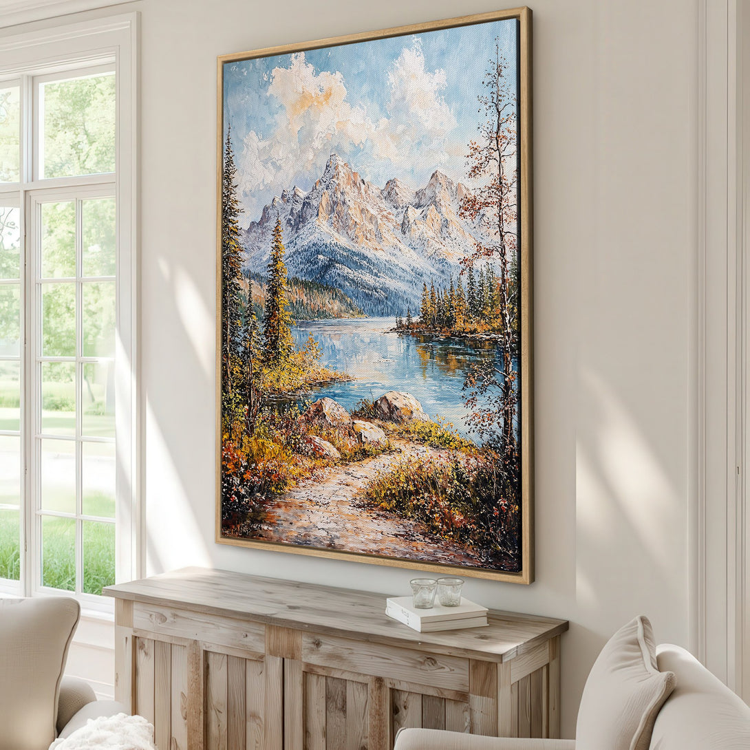 Framed Wall Art: Mountain lake landscape painting in cool blue, green, and gold tones. Perfect for living room decor. Enhance your space with this beautiful Canvas Print.