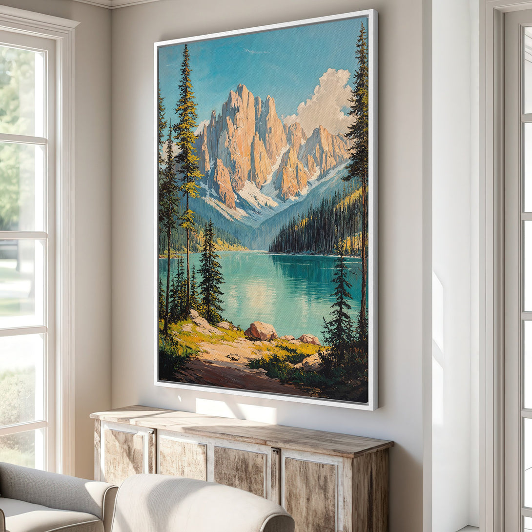 Framed Wall Art: Stunning mountain landscape canvas print. Features vibrant blues, greens, and warm earth tones. Perfect for adding a touch of nature to your home decor.