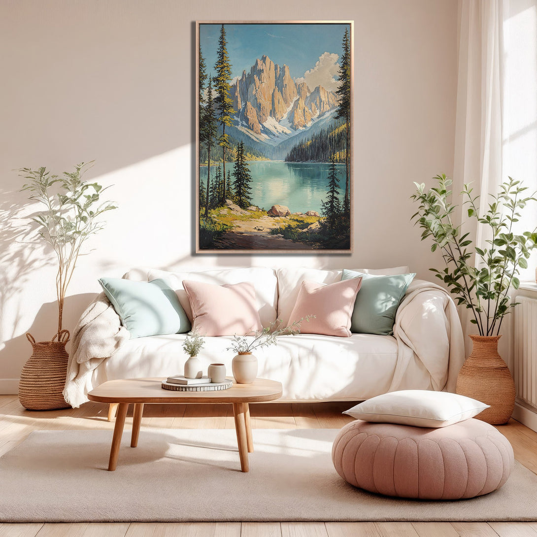 Framed Wall Art: Mountain lake landscape in a serene, pastel color palette. Perfect for adding a touch of nature and calm to your living room.