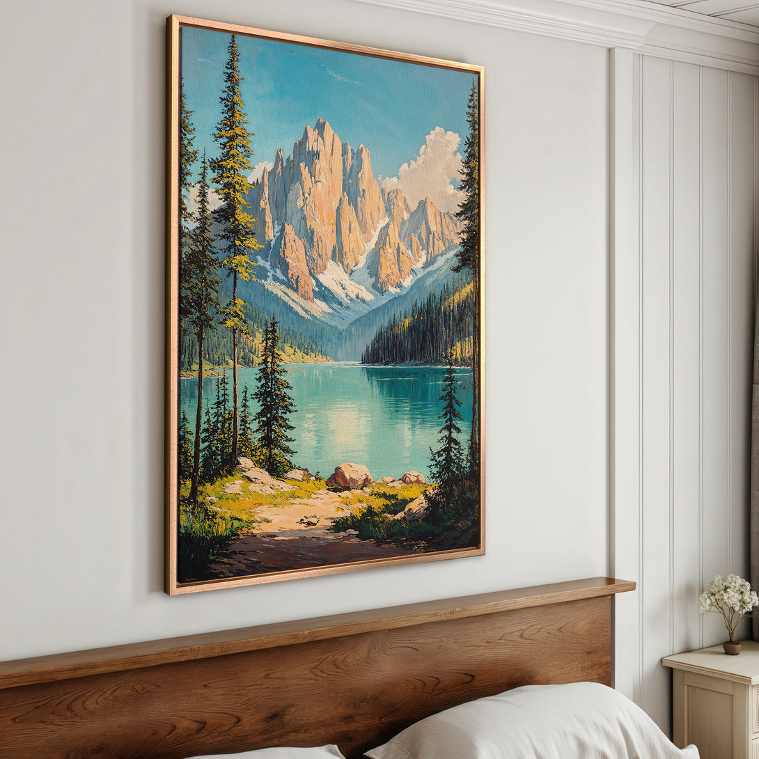 Framed Wall Art: Mountain lake landscape painting in warm, earthy tones. Adds a touch of nature and serenity to any space. Perfect for home decor.