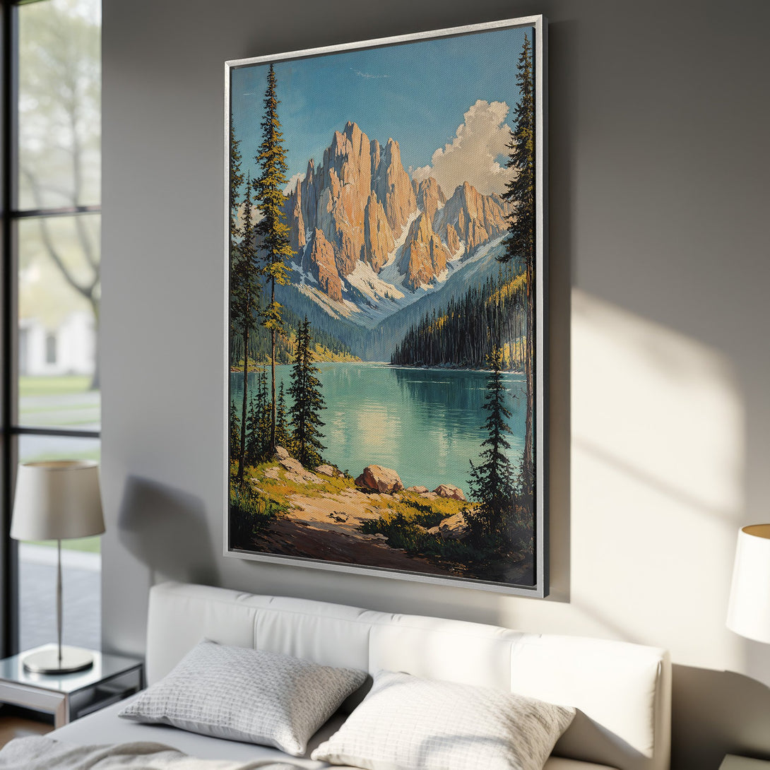 Framed Wall Art: Majestic mountain landscape Canvas Print in warm earth tones, serene lake, and blue sky. Perfect for adding a touch of nature to your decor.