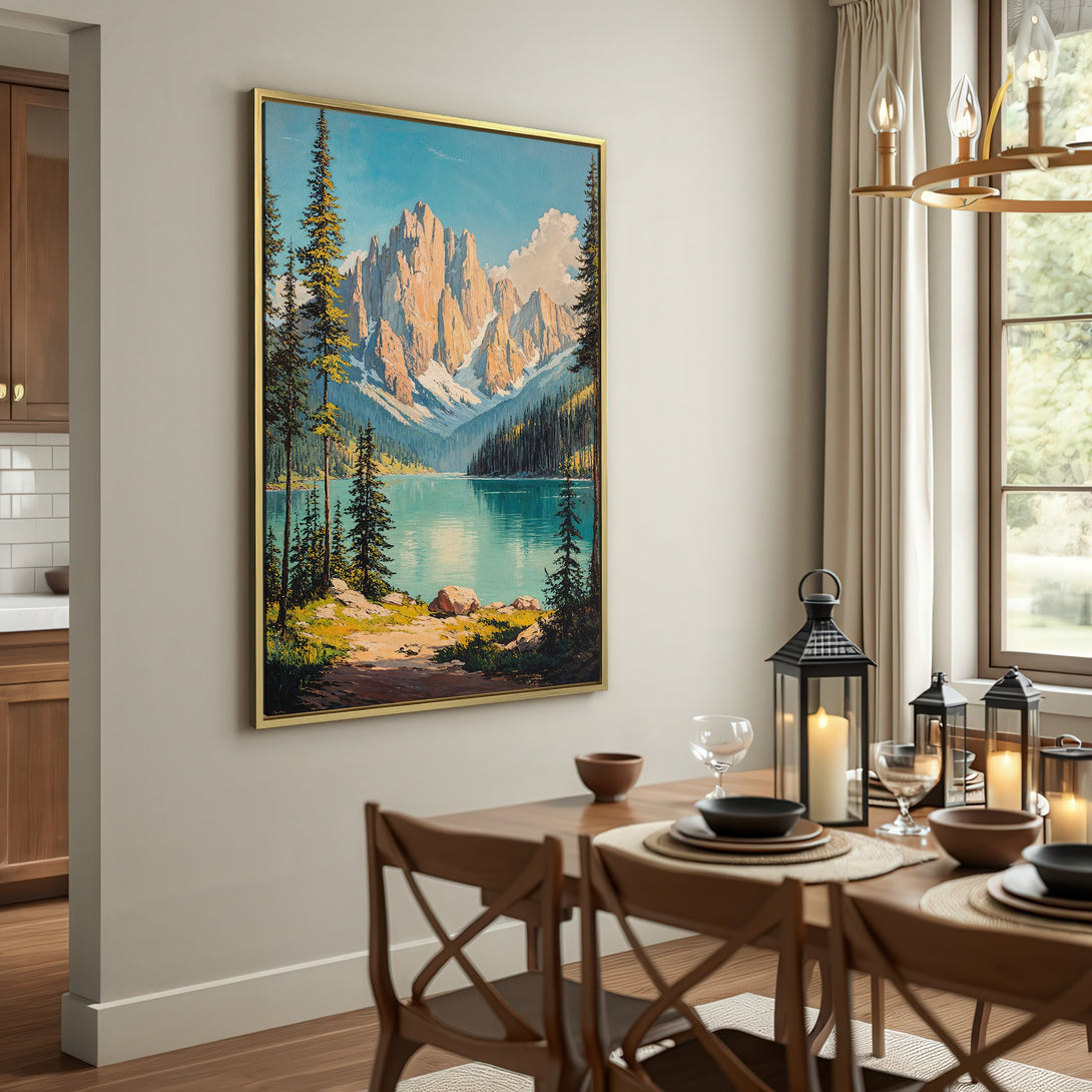 Canvas Print of a serene mountain lake landscape in a vintage style, featuring blues, greens, and warm earth tones.