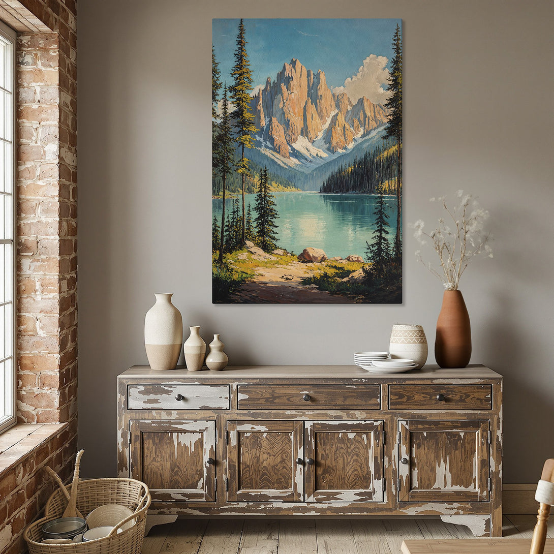 Framed Wall Art of a mountain lake landscape in a dining room. Featuring a vibrant blue, green, and gold color palette. Perfect for adding a touch of nature to your home.