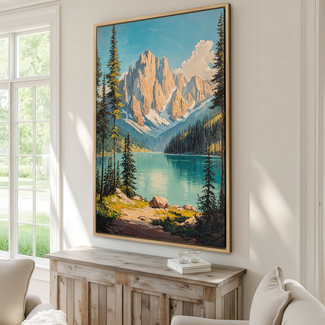 Framed Wall Art: Majestic mountain landscape Canvas Print with teal lake, golden peaks, and blue sky. Rustic style with warm, natural color palette. Perfect for home decor.