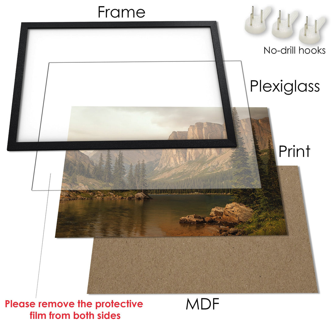 Framed Poster of a serene mountain lake scene. Earthy tones & natural style. Perfect wall art for your home or office.