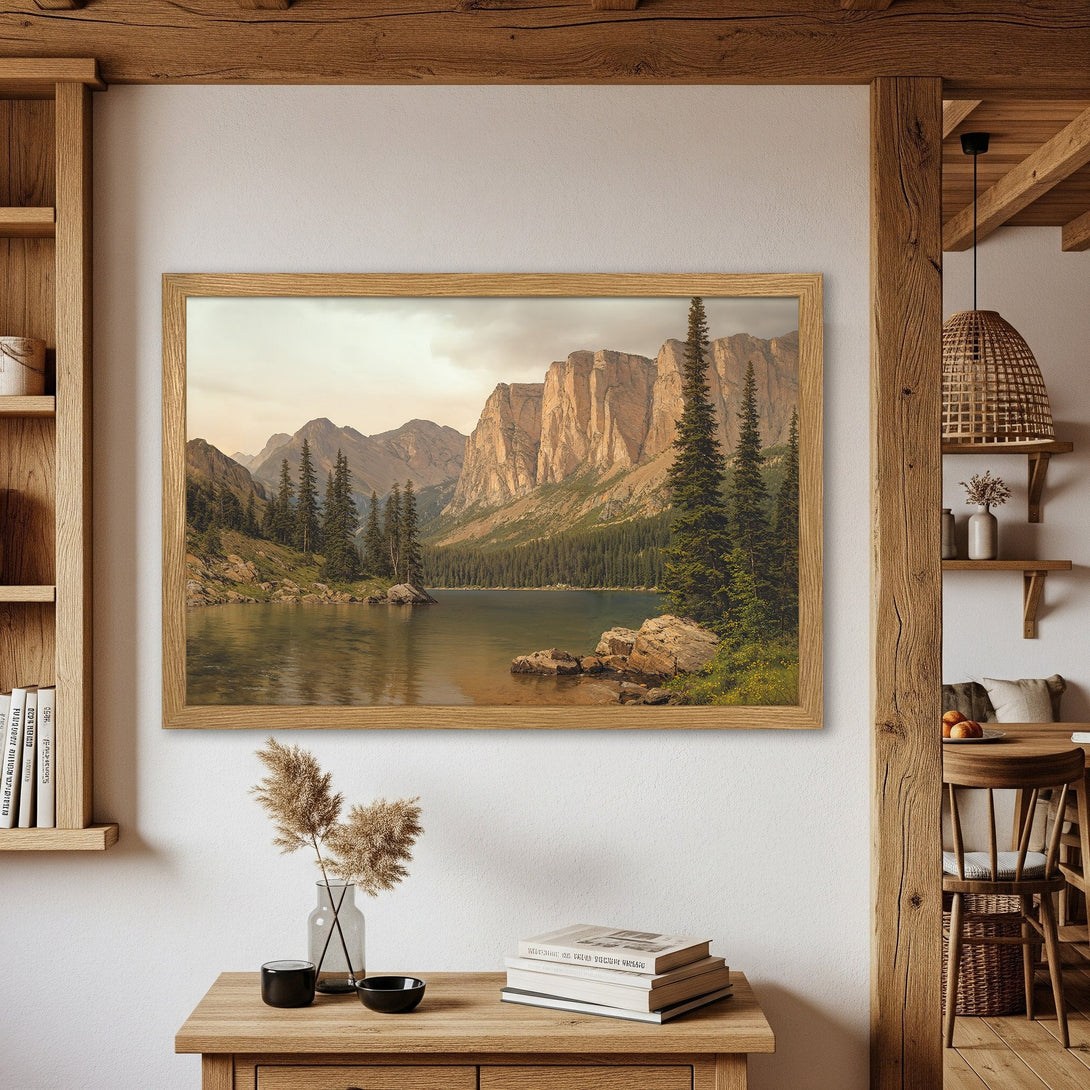 Framed Poster featuring a serene mountain lake landscape in warm, earthy tones. Perfect wall art for a cozy, nature-inspired home.