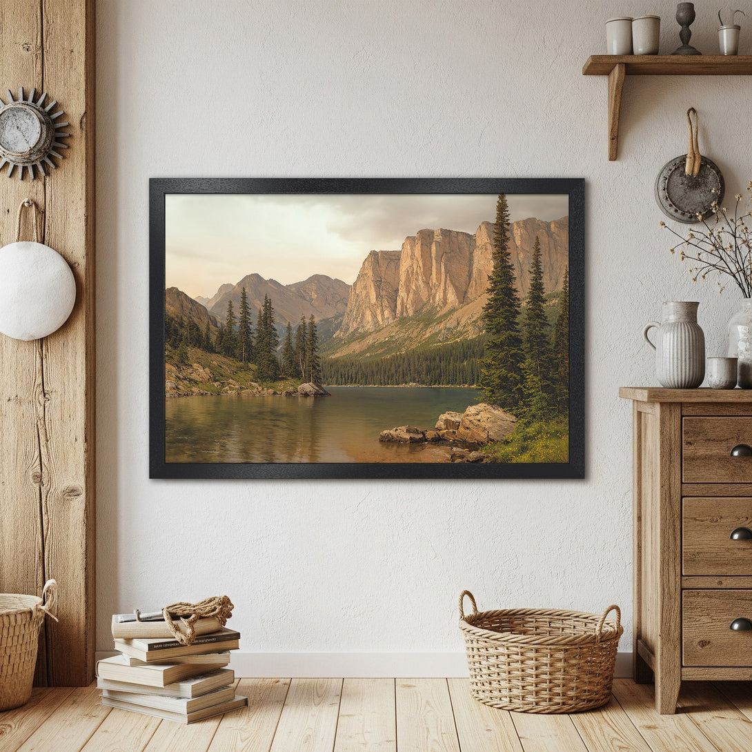 Framed Poster of a serene mountain lake scene. Earthy tones and natural style for a calming home decor accent. Perfect wall art!