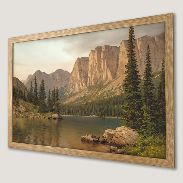 Framed Poster of a serene mountain lake scene in earthy tones. Perfect nature art for your home!