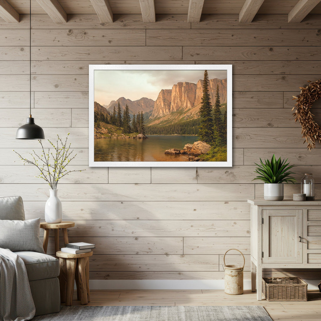 Framed Poster of a serene mountain landscape in warm tones, perfect for adding a touch of nature to your home decor.