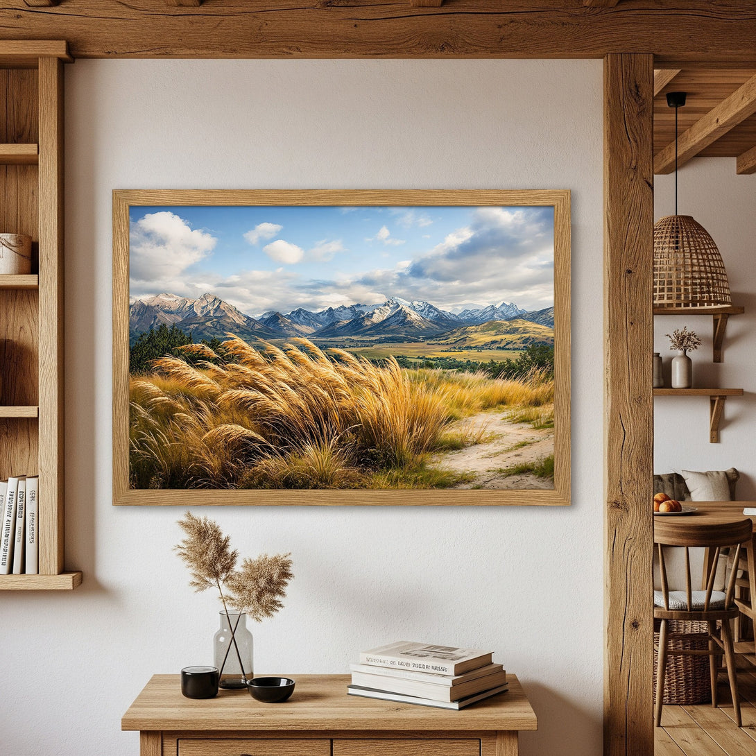 Framed Poster featuring a stunning mountain landscape art print. Earthy tones and natural style perfect for home decor.