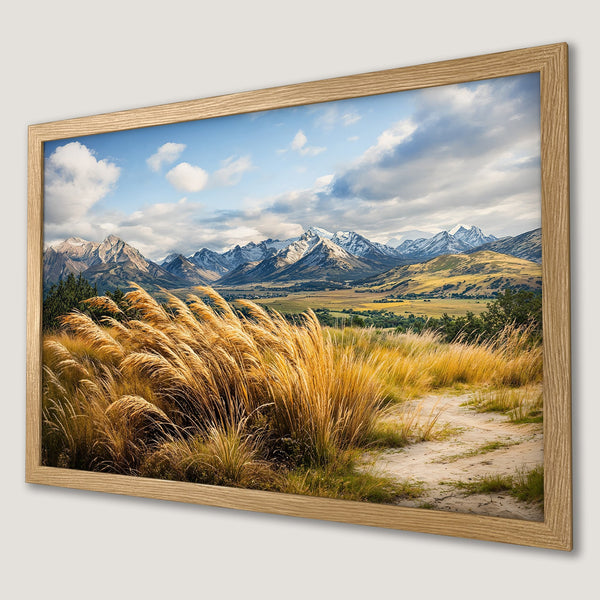 Framed Poster of a scenic mountain landscape with golden grasses, natural style, warm color palette.