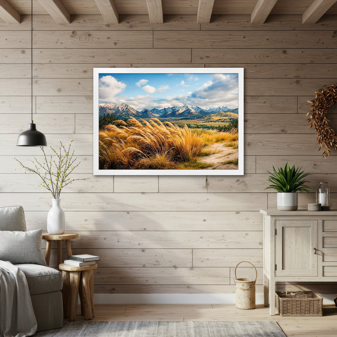 Framed Poster featuring a scenic landscape with mountains, golden fields, and a blue sky. Rustic style, warm color palette.