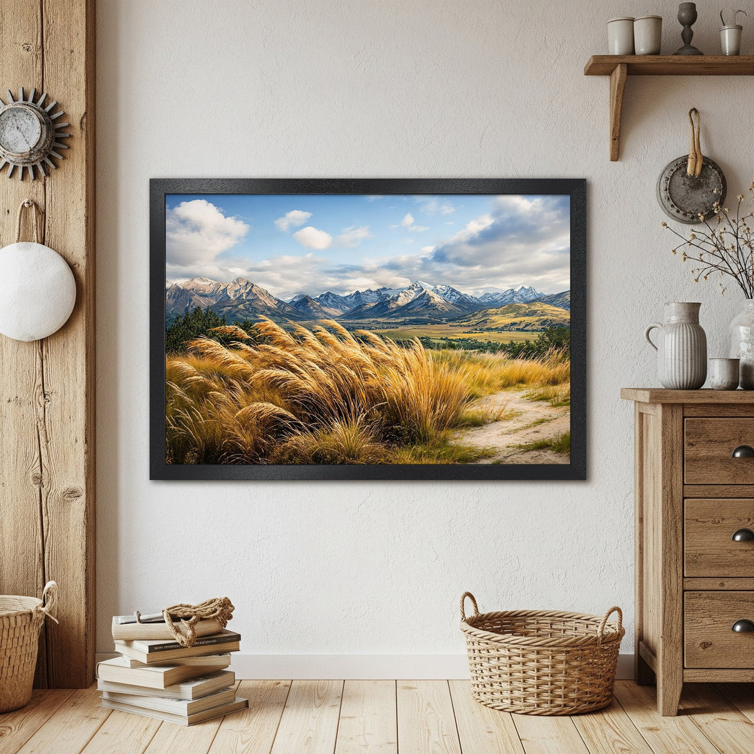 Framed Poster of a mountain landscape in a rustic style. Earthy tones of beige, green, and blue. Perfect wall art.