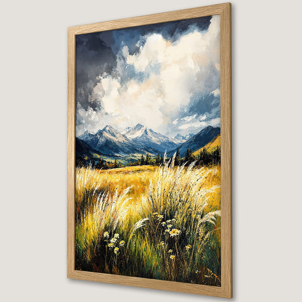 Framed Poster of a mountain landscape painting. Features a vibrant yellow, blue, and green color palette with a textured, artistic style. Perfect wall art!