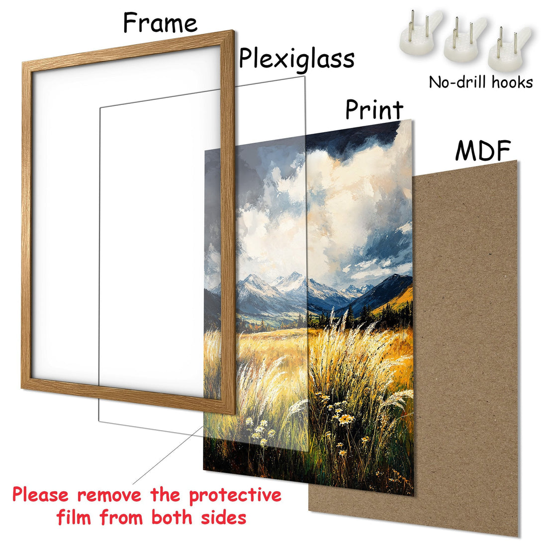Framed Poster of a mountain landscape in an impressionistic style with a warm, earthy color palette. Perfect wall art!