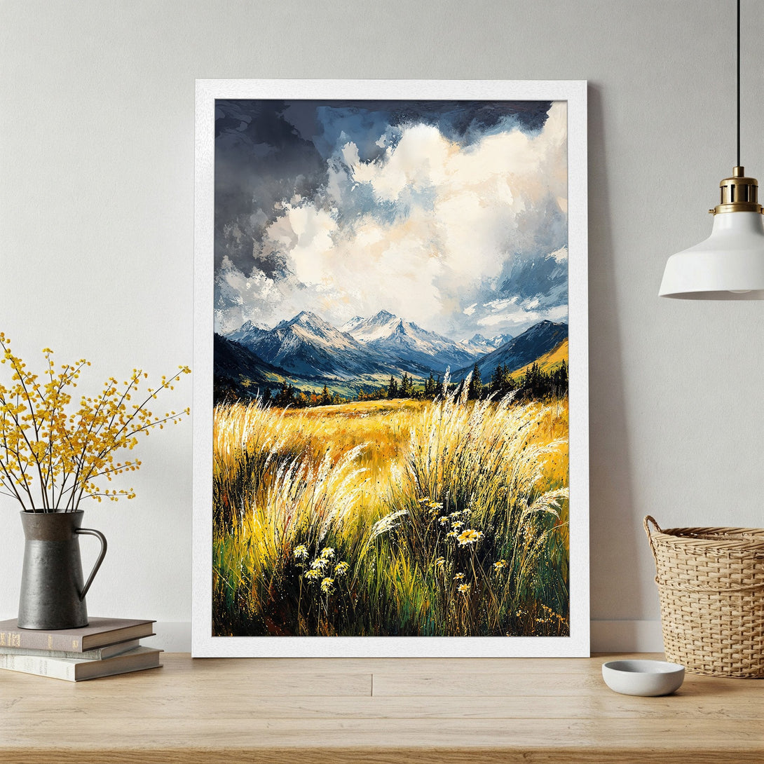 Framed Poster of a mountain landscape in a painterly style, featuring a yellow and blue color palette. Perfect wall art!