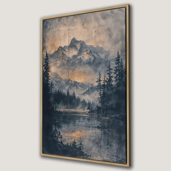 Framed Wall Art: Mountain landscape Canvas Print in muted blues, grays, and gold. Perfect for adding a touch of nature-inspired art to your home decor.