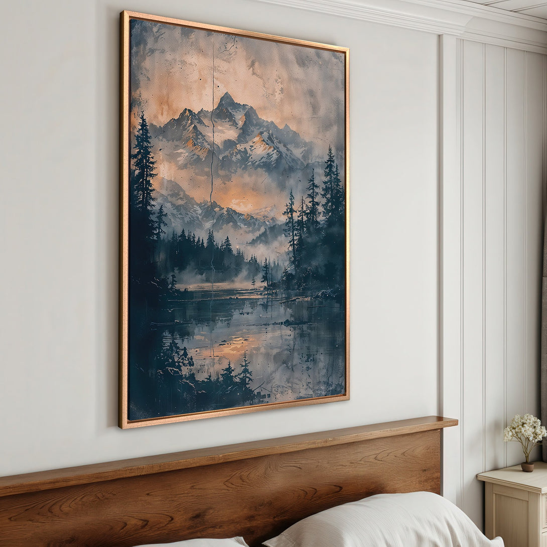 Framed Wall Art: Mountain landscape canvas print in moody blues and oranges. Perfect for adding a touch of nature-inspired art to your home decor.