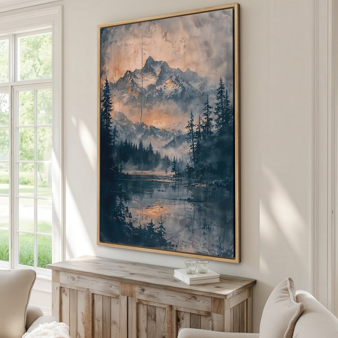 Framed Wall Art: Mountain landscape Canvas Print in moody blues & oranges. Perfect for modern decor. Bring the beauty of nature indoors!