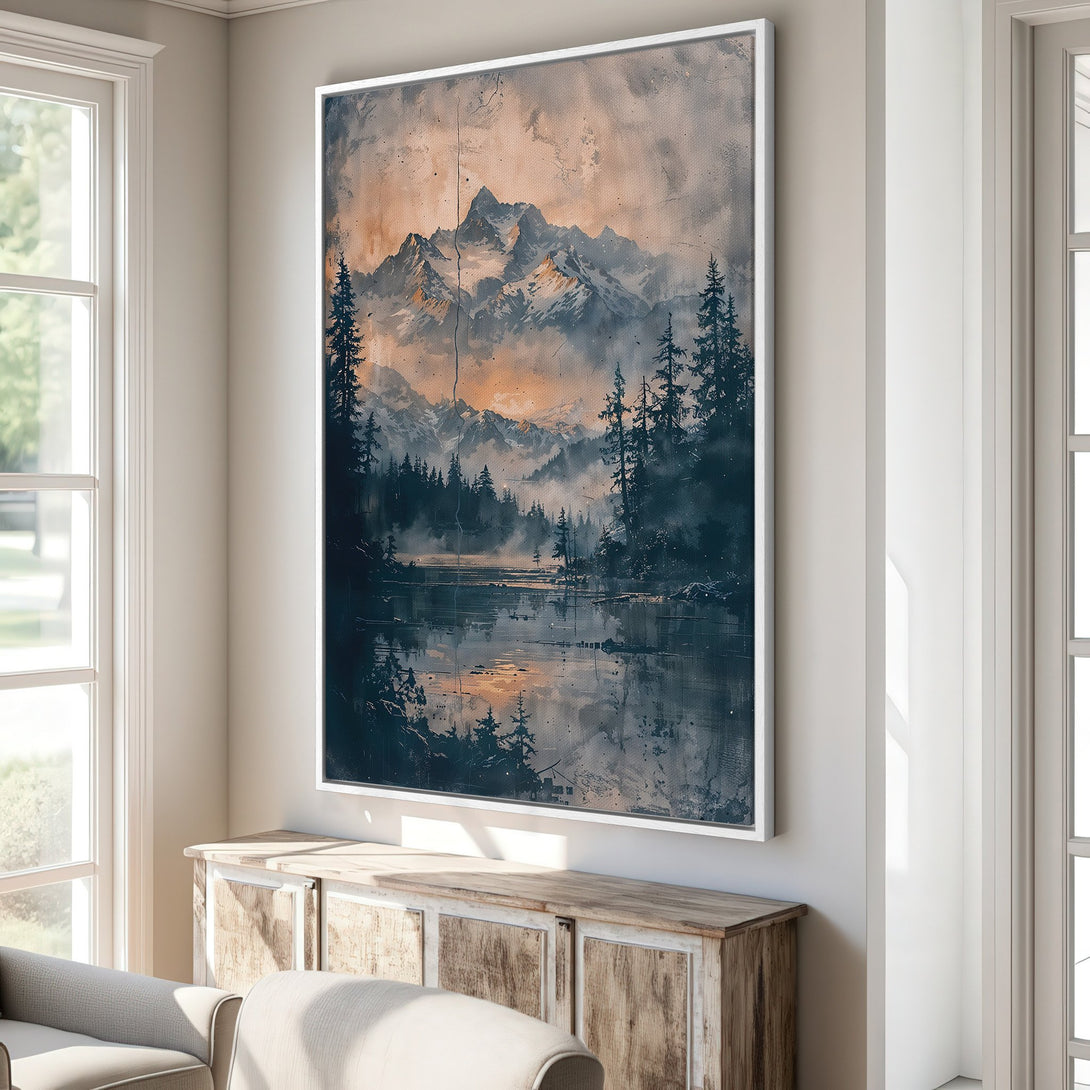 Framed Wall Art featuring a serene mountain landscape in a muted, earthy color palette. Perfect for adding a touch of nature to your home decor.