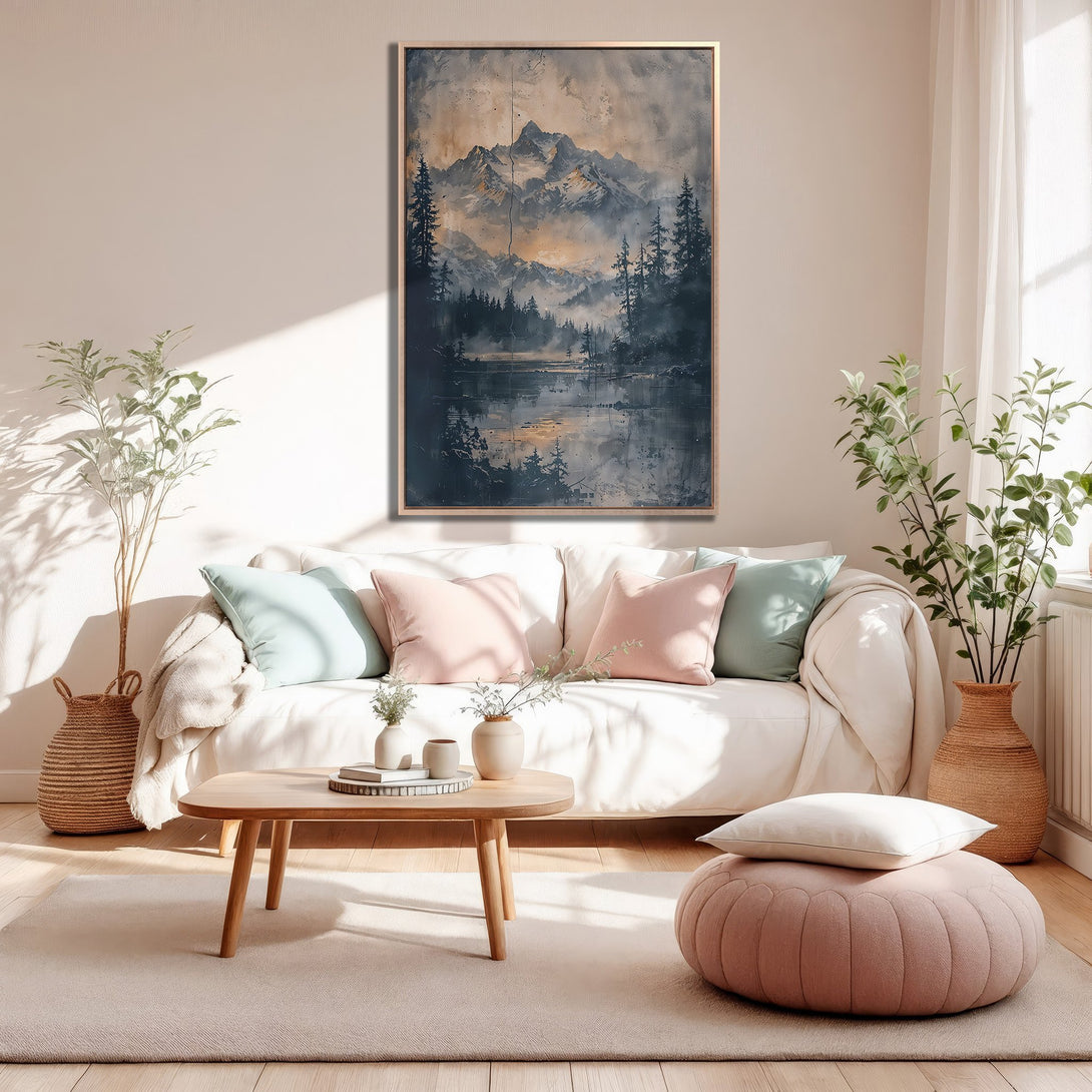 Framed Wall Art: Mountain landscape Canvas Print in muted blues and golds, perfect for adding a touch of nature to your living room decor.