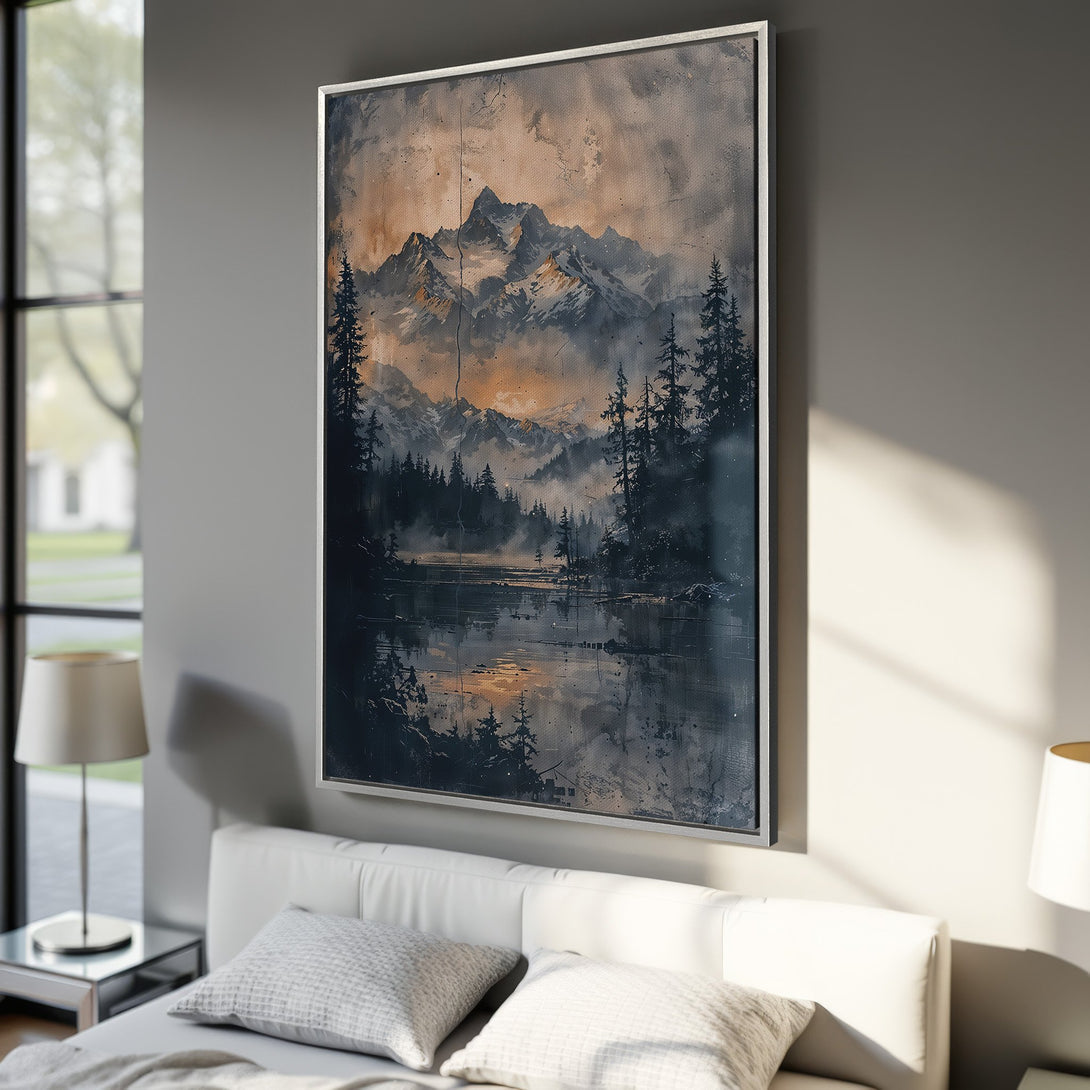 Framed Wall Art: Mountain landscape Canvas Print in muted blues and golds. Rustic style art for modern home decor.