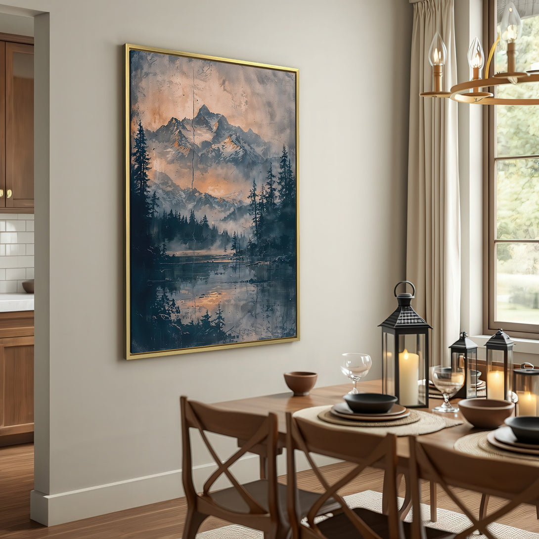 Canvas Print of a mountain landscape in muted blues and oranges, perfect for adding a touch of nature to your living room.