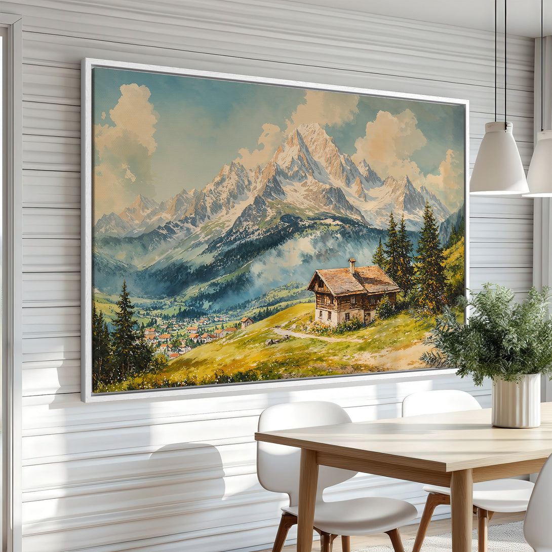 Framed Wall Art featuring a mountain landscape in a watercolor style with a warm, earthy color palette. Perfect for adding a touch of nature to your home.