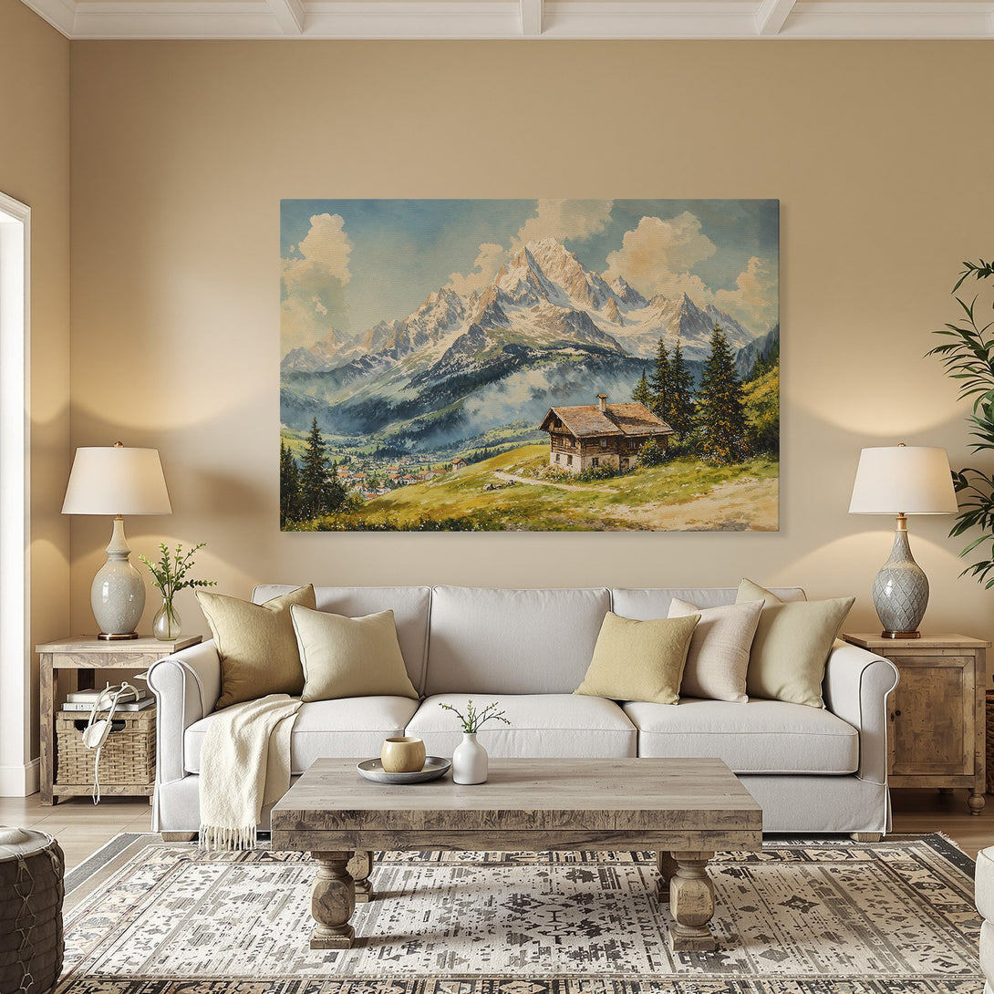 Framed Wall Art: Mountain landscape Canvas Print with a warm, inviting color palette of blues, greens, and browns, perfect for any home decor.