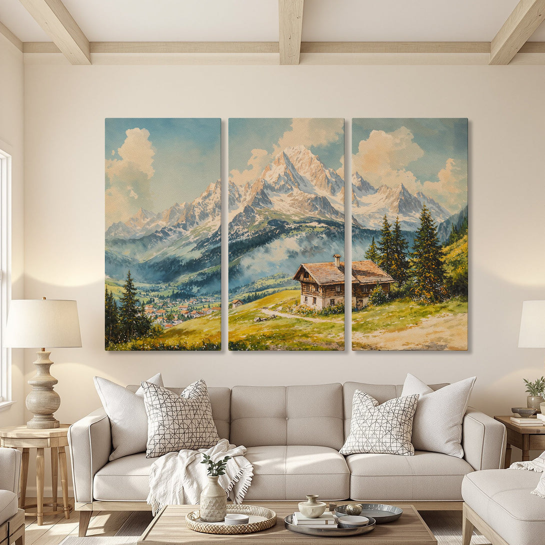 Canvas Print of a mountain landscape in watercolor style. Features a serene color palette with blues, greens, and warm earth tones. Perfect wall art for your home.