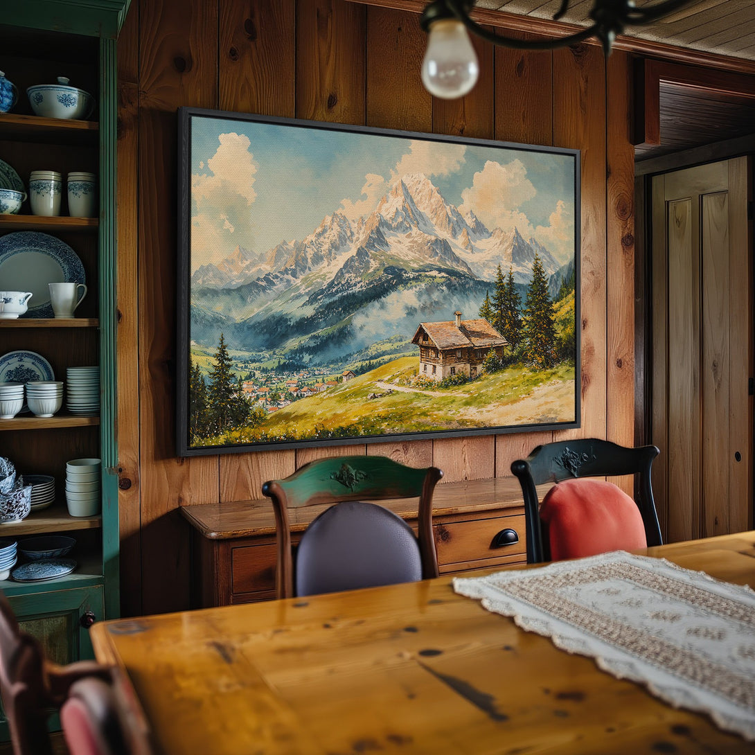 Framed Wall Art: Mountain landscape Canvas Print in a rustic interior. Features a watercolor style and a warm, natural color palette. Perfect for home decor.