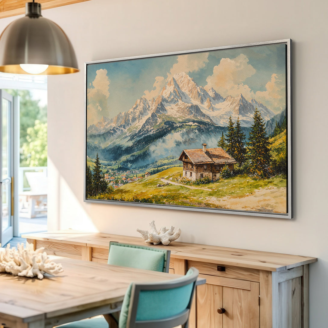Framed Wall Art: Watercolor landscape of mountains and cabin in a warm color palette. Perfect for adding a touch of nature to your home decor.