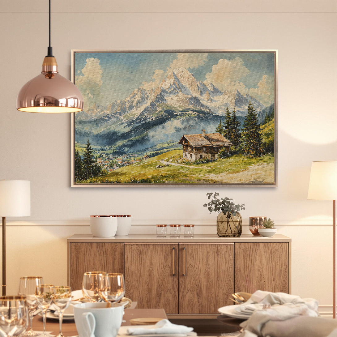 Framed Wall Art of a mountain landscape in a classic style with a cool color palette. Elevate your space with this stunning Canvas Print!