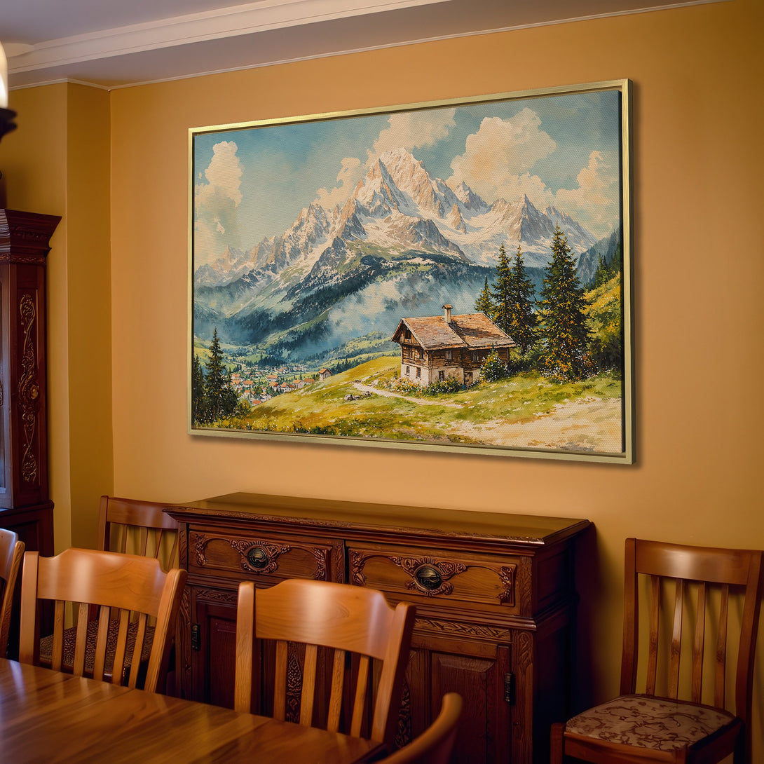 Canvas Print of a mountain landscape painting in a neutral living room. Features a watercolor style with blue, green, and beige tones. Elevate your space!