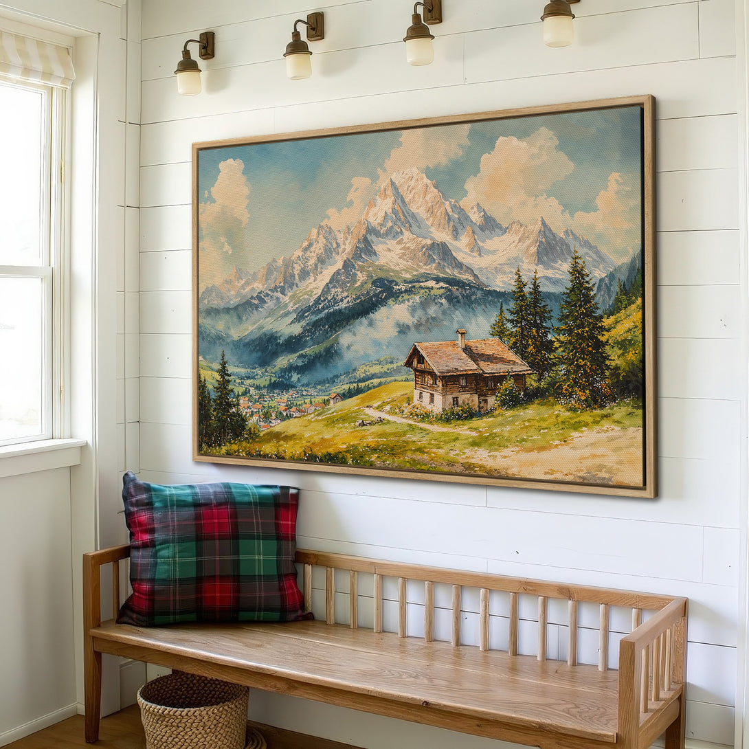 Framed Wall Art: Mountain landscape Canvas Print with a vintage watercolor style. Features a cabin, trees, and a serene blue, green, and beige color palette.