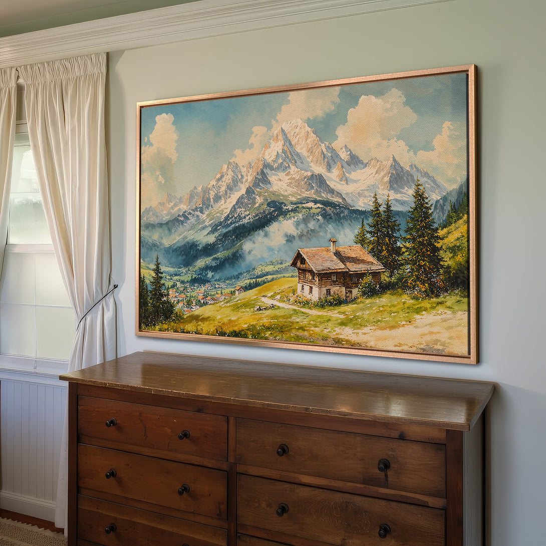 Framed Wall Art: Mountain landscape Canvas Print in warm tones, featuring a cabin. Perfect for adding a touch of nature to your home decor.