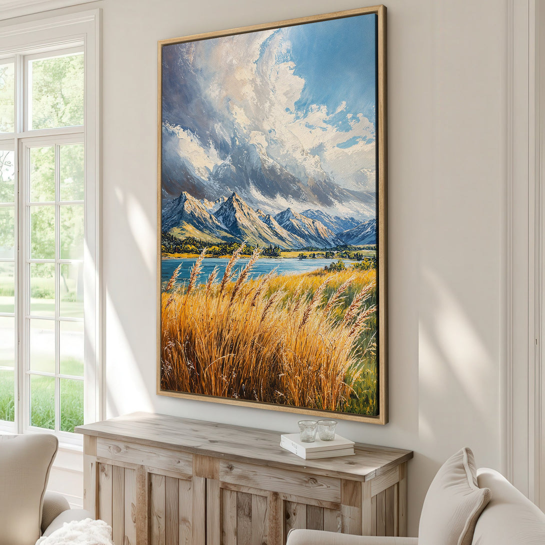 Framed Wall Art: Landscape Canvas Print of mountains, lake, and tall grass in a warm, earthy color palette. Perfect for adding a touch of nature to your home decor.