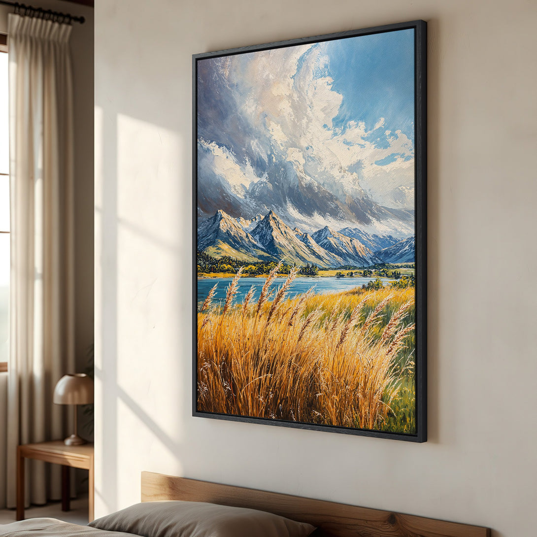 Framed Wall Art: Stunning landscape Canvas Print with mountains, lake, and golden grass. Earthy tones and blue sky create a serene, artistic vibe. Perfect for any room!