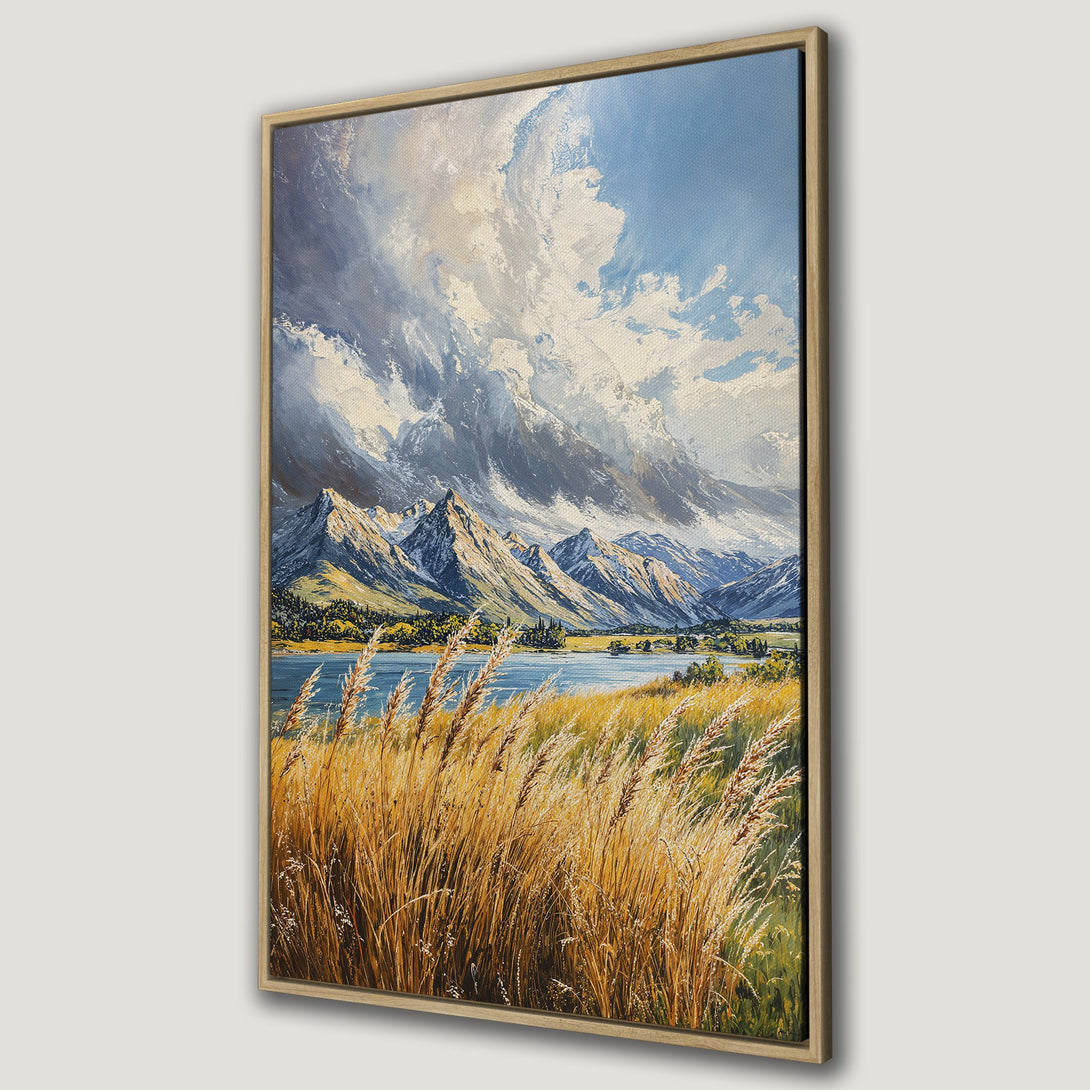 Framed Wall Art: Stunning landscape Canvas Print featuring mountains, lake, and golden grasses. Beautiful blue, gold, and green color palette. Perfect for home decor.