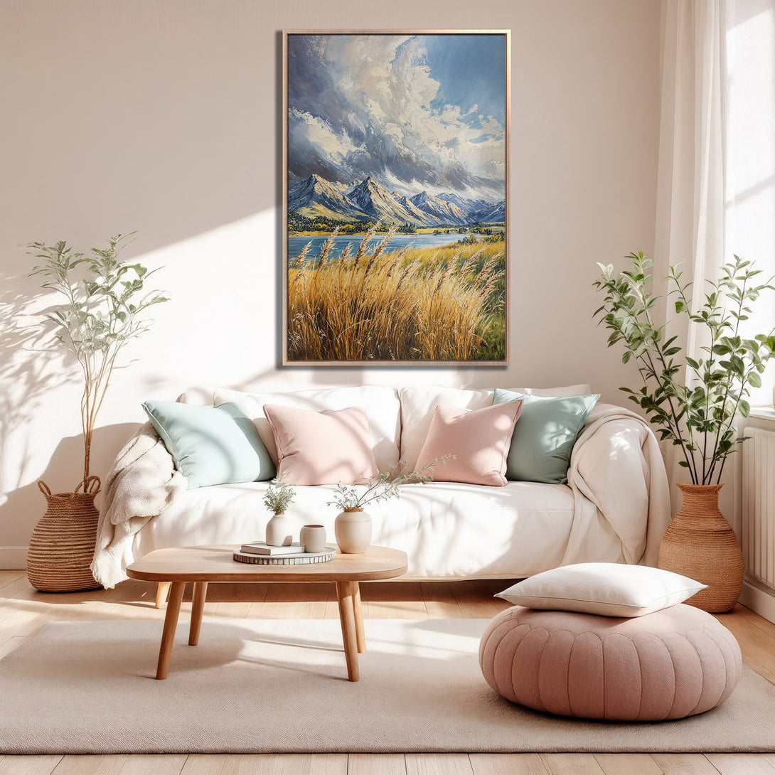 Framed Wall Art: Mountain landscape painting in a warm, neutral interior. Featuring a blue, white, and gold color palette, perfect for adding a touch of nature.