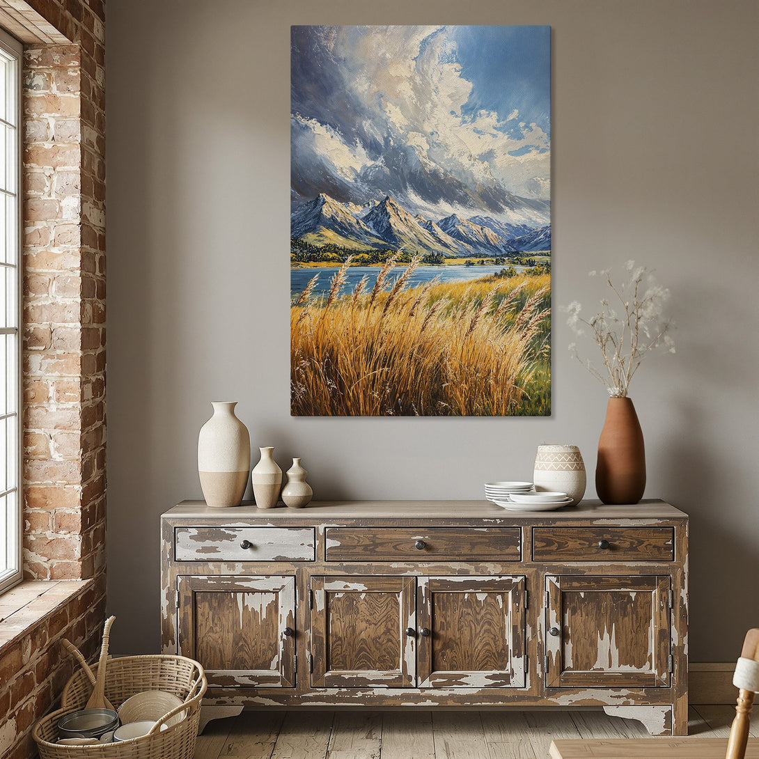 Framed Wall Art: Mountain landscape painting in blue, yellow, and green hues. Perfect for adding a touch of nature to your dining room decor.
