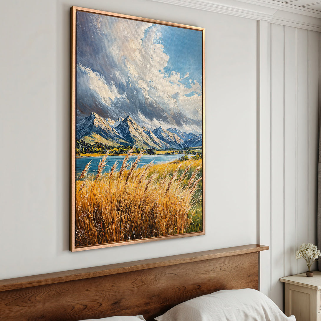 Framed Wall Art: Mountain landscape Canvas Print with a warm, natural color palette. Stunning artwork for your home decor.